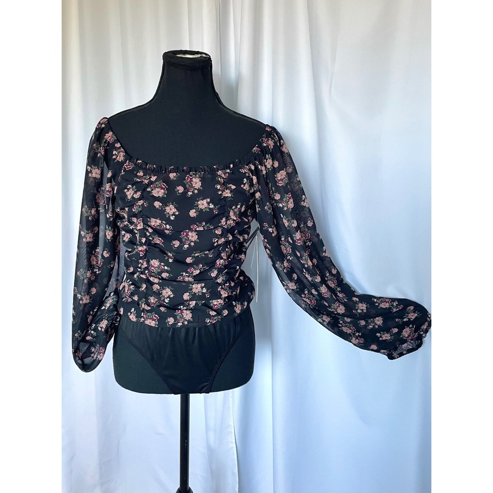 NEW Black Pink Floral Bodysuit Size S Ruched Long Sheer Puff Sleeve Whimsigoth